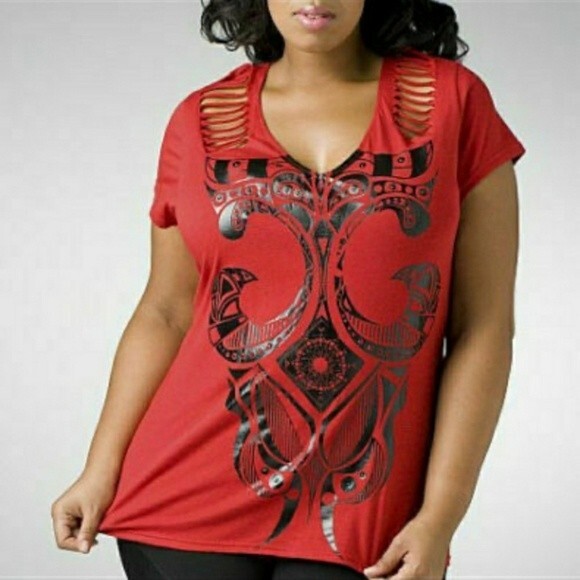 Dereon Red & Black Graphic Cut Out Sexy Edgy Distressed Top 1X - Picture 1 of 12